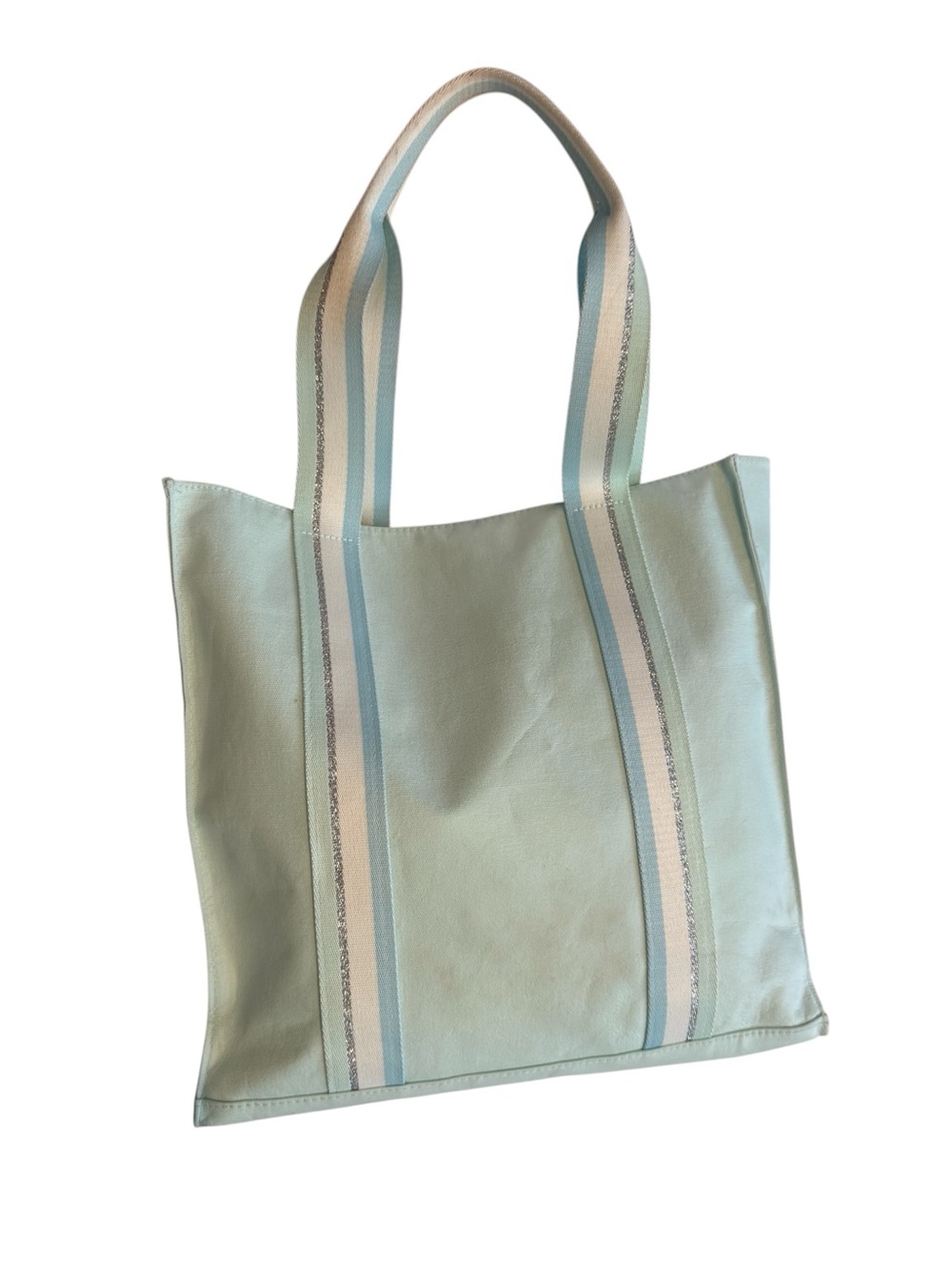 Perfect Marc Jacobs Mint Canvas Tote Striped Handles Large Carryall Beach Bag - Picture 6 of 11